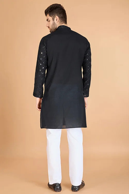 Black Viscose Fabric Embroidered Traditional Kurta For Mens Wear