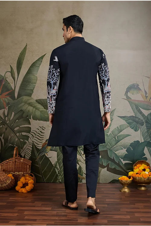 Designer Black Viscose Silk Fancy Kurtas For Men