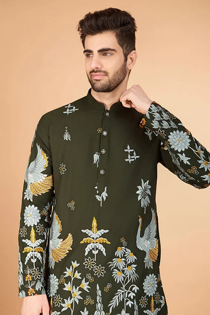 Olive Viscose Rayon Designer Men's Kurta For Festive
