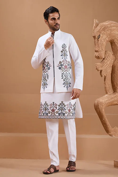 Wedding Special White Color Koti Kurta Set for Mens Wear