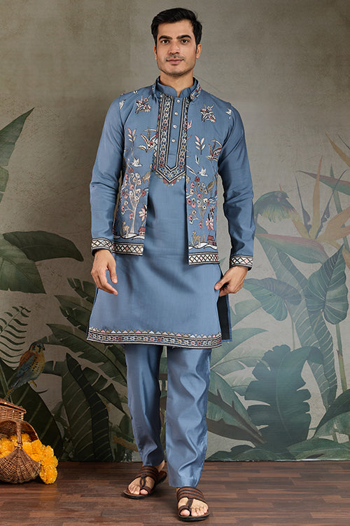 Blue Gray Open Koti Style Kurta Pajama Set For Men