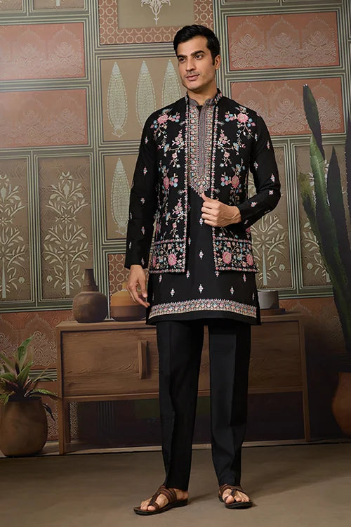 Black Mens Kurta with Stylish Koti for Wedding Wear