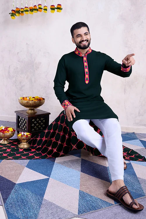 Green Color Men's Wear Embroidered Kurta with Dupatta Collection