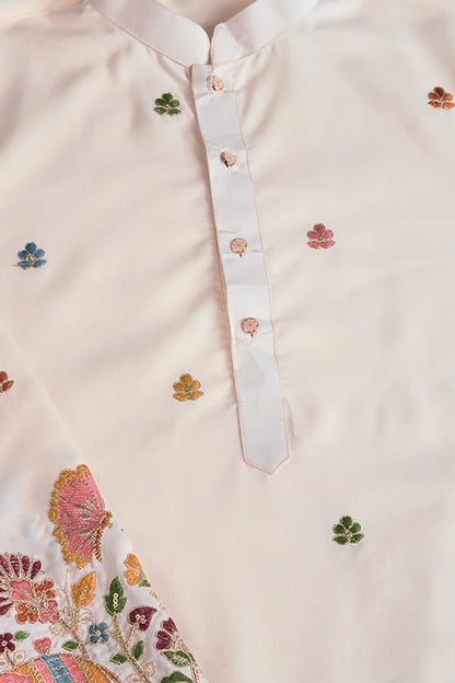 White Cotton Embroidered Sequins And Zari Work Kurta Men's Wear