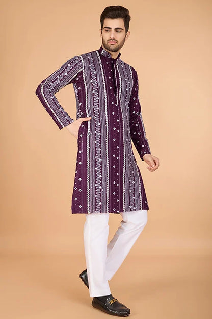 Purple Sequence With Mirror Foil Embroidered Mens Wear Kurta