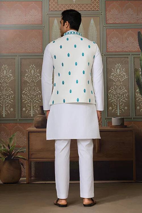 Traditional White Kurta with Teal Green Koti for Men