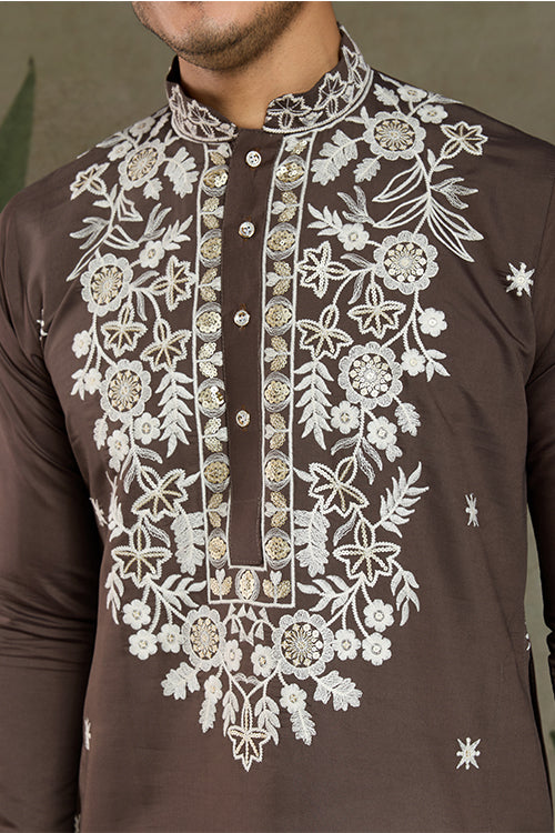 Wedding Functions Chocolate Gray Embroidered Kurta