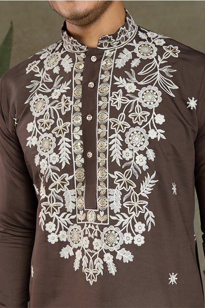 Wedding Functions Chocolate Gray Embroidered Kurta