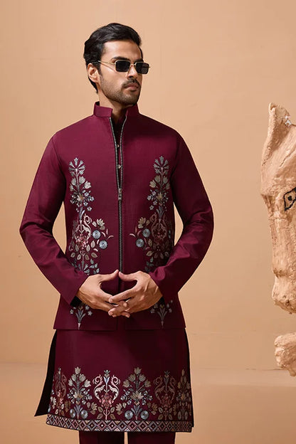 Maroon Color Traditional Special Koti Kurta Set for Men's Wear