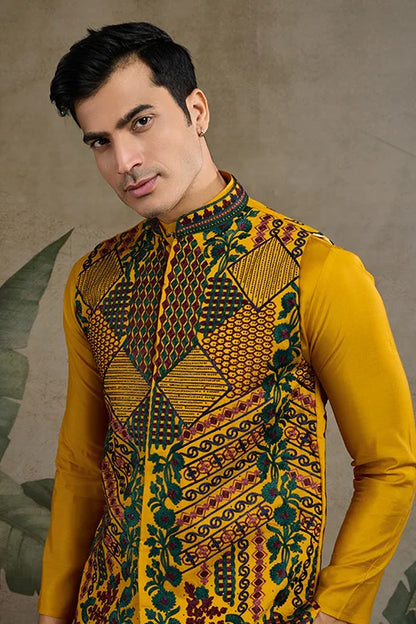 Indian Ethnic Wear Designer Yellow Kurta Koti Jacket