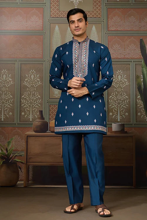 Modern Teal Blue Open Koti Kurta Set for Men