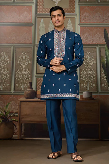 Modern Teal Blue Open Koti Kurta Set for Men
