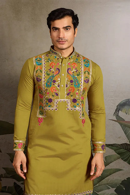 Festive Wear Flourescent Green Embroidered Kurta for Men