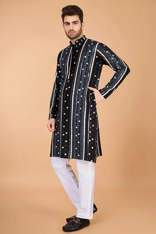 Viscose Rayon Black Color Heavy Embroidered Kurta For Men