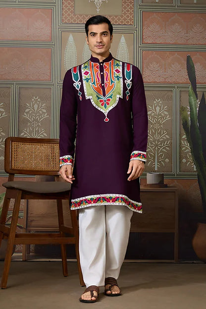 Purple Festival Wear Embroidery Mens Wear Kurta