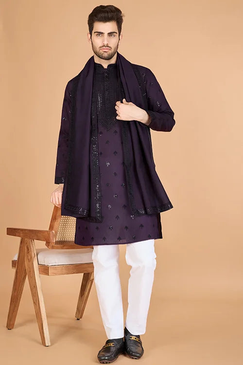 Stylish Purple Kurta For Men With Thread Work Design