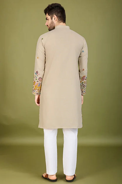 Premium Beige Kurta With Embroidery Wedding Look For Mens Wear