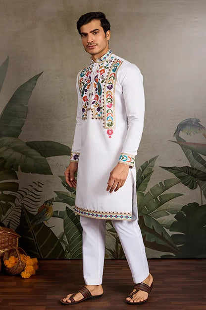 White Embroidered Mens Kurta for Special Events