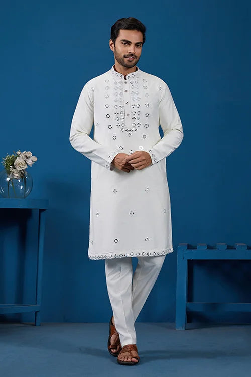 White Real Mirror Work Kurta Pant Set For Mens Wear