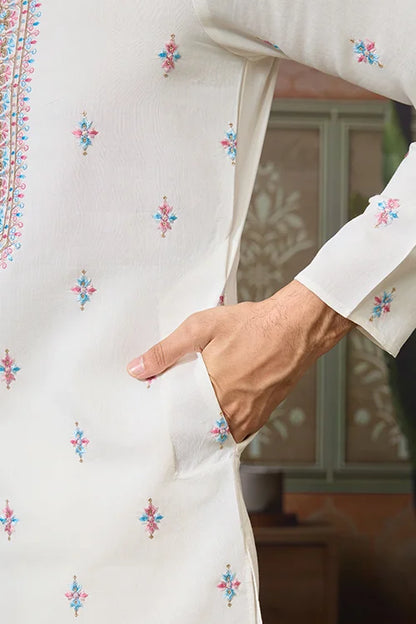 Ethnic White Embroidered Koti Kurta Set for Men
