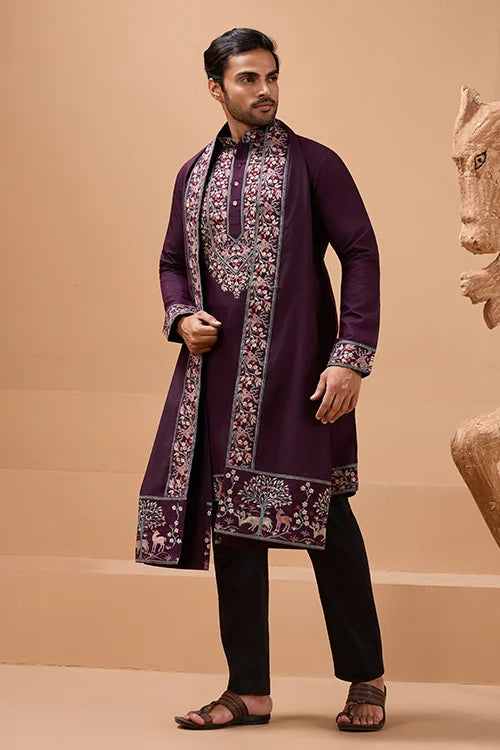 Ethnic Look Purple Kurta with Dupatta Mens Wear Special