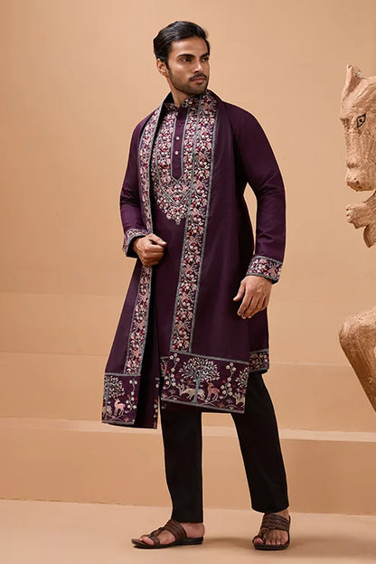 Ethnic Look Purple Kurta with Dupatta Mens Wear Special