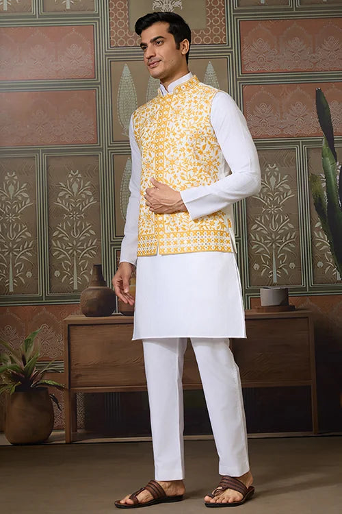 Haldi Special Yellow Koti with White Kurta for Mens