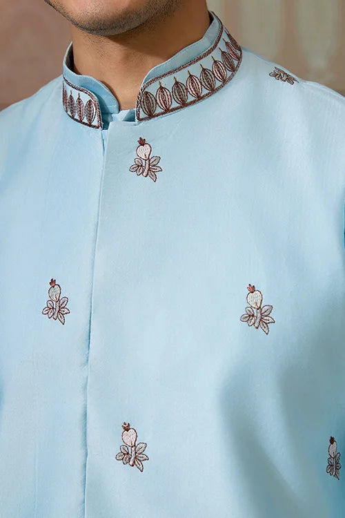 Sky Blue Embroidered Silk Koti Kurta Set for Mens