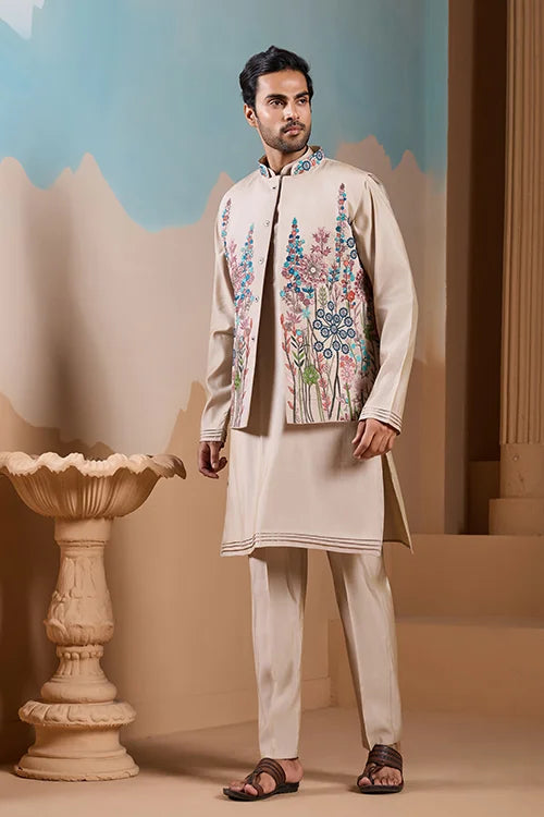 Elegant Fashionable Beige Koti Kurta Set for Mens Wear