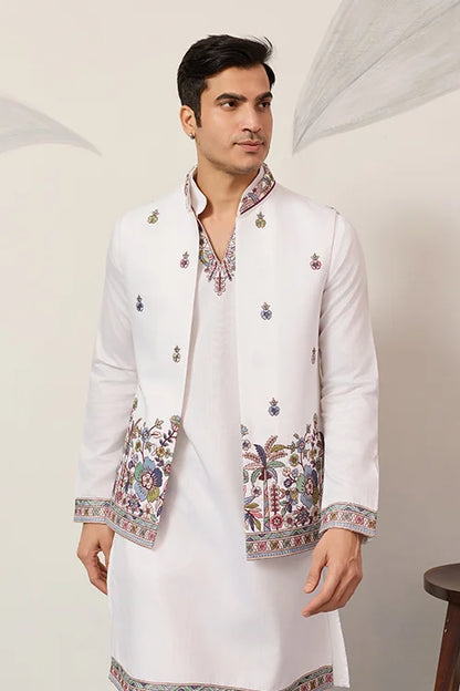Indian Traditional White Koti Kurta Pant For Mens Wear