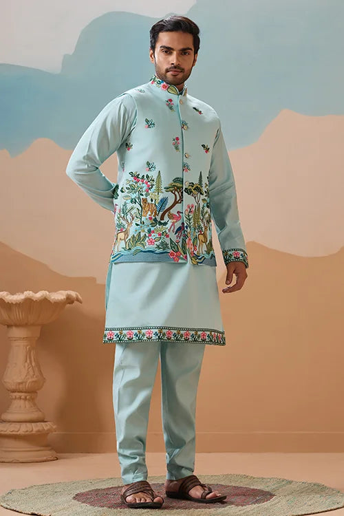 Stylish Sky Color Mens Koti Kurta Set Collection
