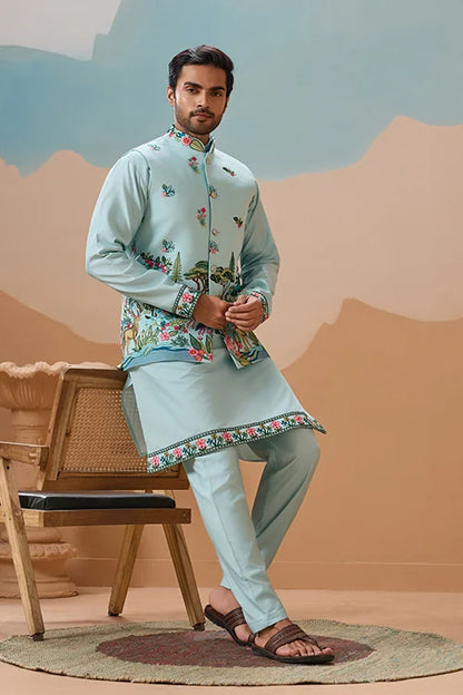 Stylish Sky Color Mens Koti Kurta Set Collection