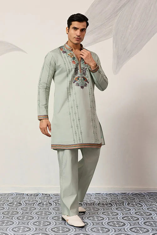 Ethnic Pista V Neck Kurta Pant Set For Mens Wear