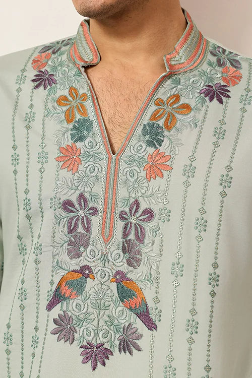 Ethnic Pista V Neck Kurta Pant Set For Mens Wear