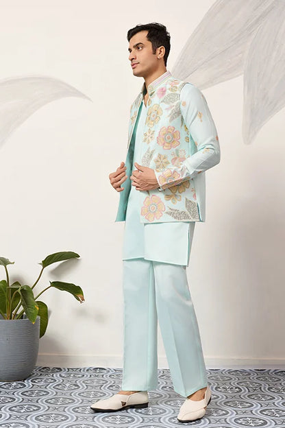 Luxury Wedding & Carnival Wear Pista Green Koti Kurta For Men