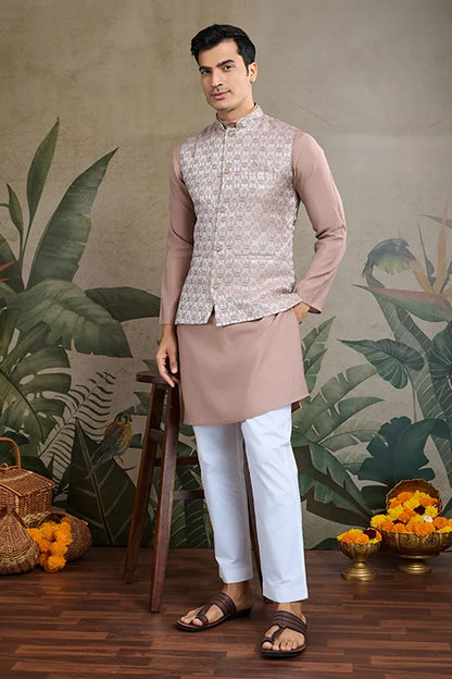 Ivory Roman Silk Kurta With Jacquard Koti Jacket
