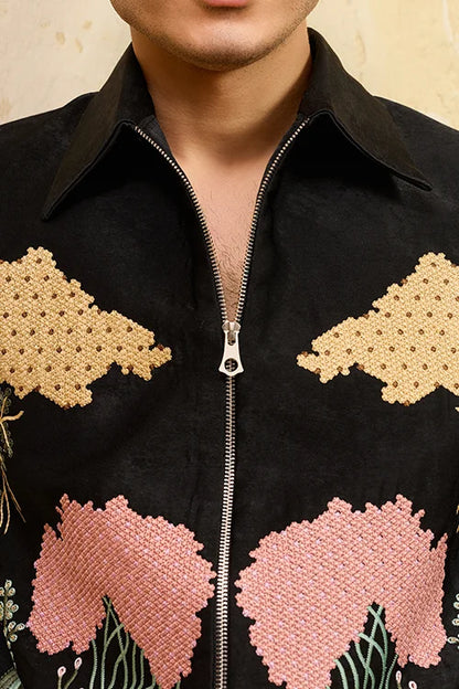 Black Velvet Wedding Bomber Suit For Mens Wear