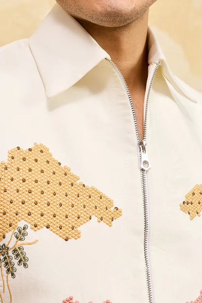 White Velvet Embroidered Bomber Jacket With Pant For Mens Wear