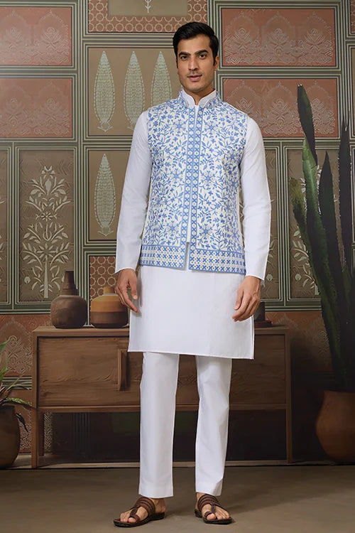 Traditional White Kurta Blue Koti Pajama for Men