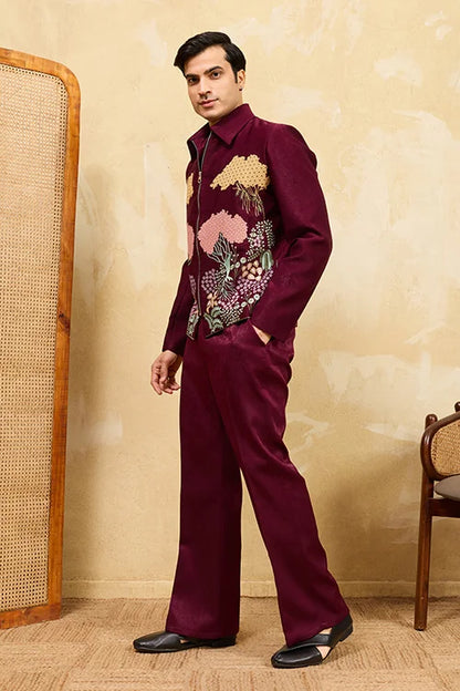 Wedding Special Maroon Velvet Bomber Jacket Set For Mens Wear