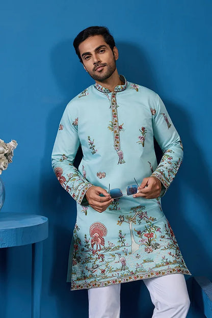 Wedding Celebration Elegant Sky Kurta for Mens Wear