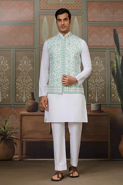 Wedding White Kurta Pajama with Green Koti Style