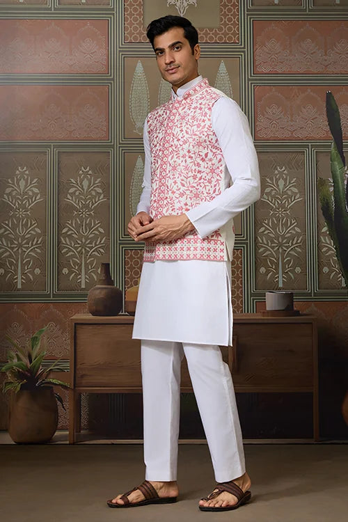Wedding Pink Koti with White Kurta Pajama Set