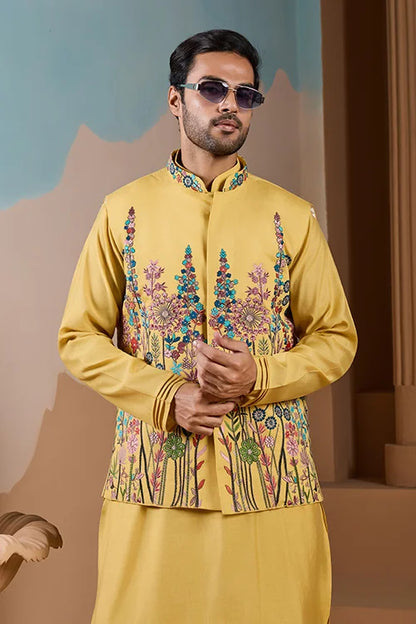 Haldi Ceremony Yellow Embroidered Koti Kurta Set for Mens