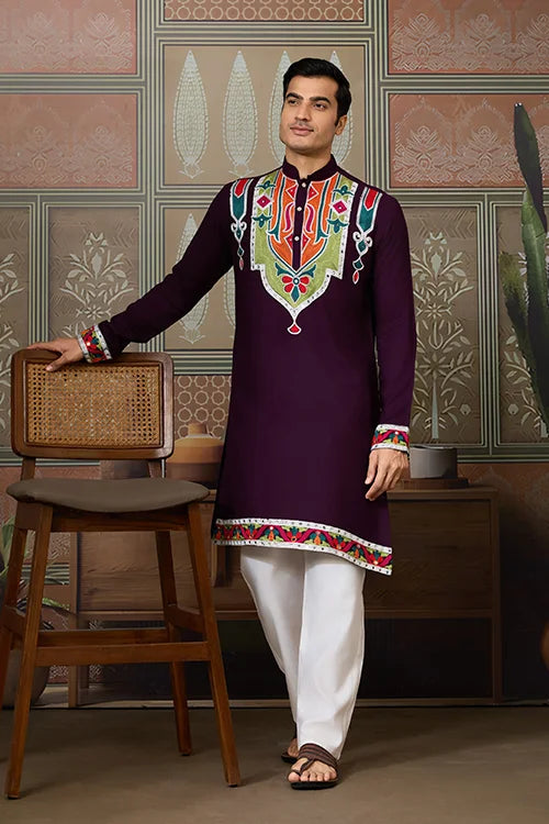 Purple Festival Wear Embroidery Mens Wear Kurta