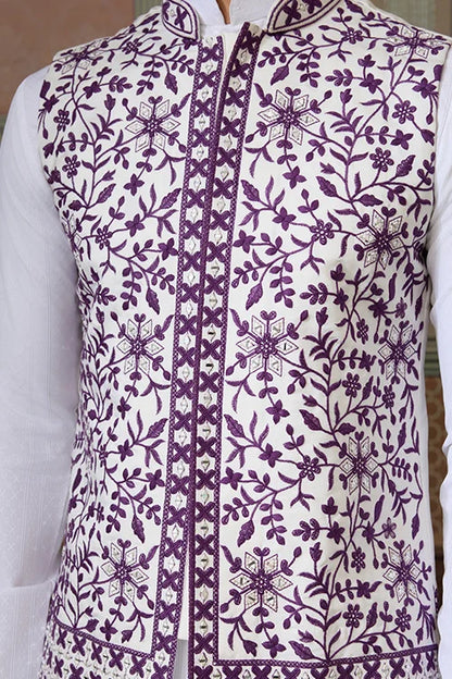 Classic White Mens Kurta Pajama With Stylish Purple Koti