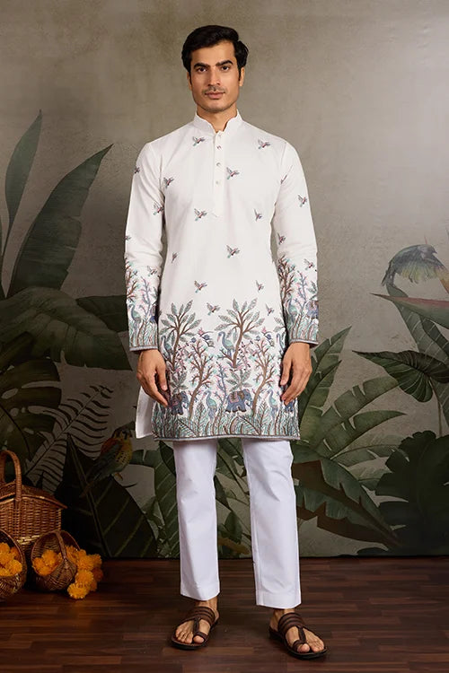 White Embroidered Work Kurta for Groom Wedding Look