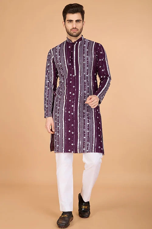 Purple Sequence With Mirror Foil Embroidered Mens Wear Kurta