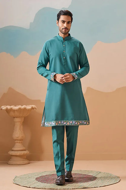 Wedding Party Outfit Rama Green Kurta Koti Pant for Men
