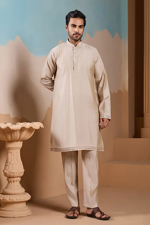 Elegant Fashionable Beige Koti Kurta Set for Mens Wear